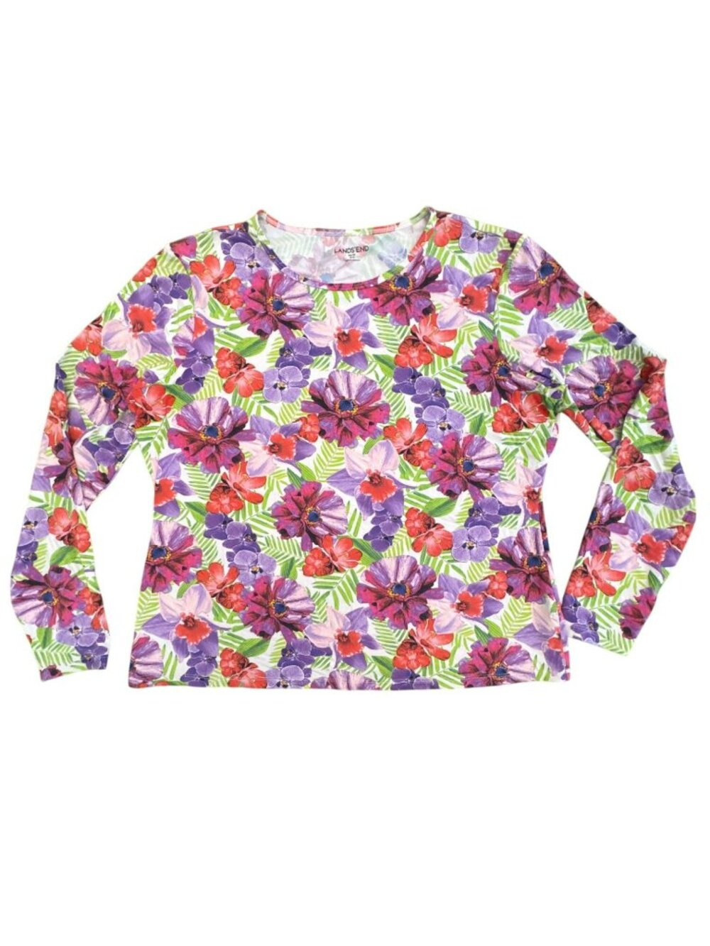 Lands' End Floral Rash Guard Top Petite Medium 10-12 Long Sleeve Swimsuit UPF 50